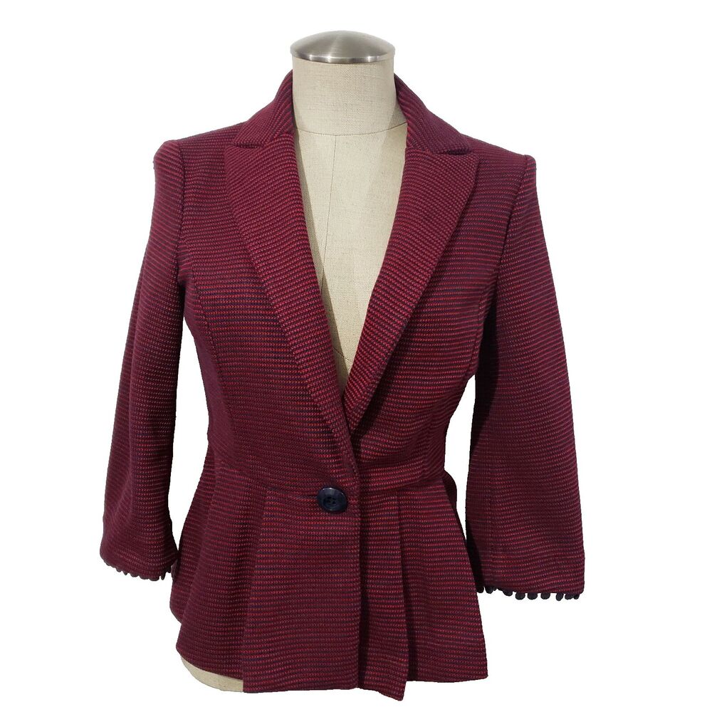 Anthropologie Tabitha  Peplum Striped Dark Red Blazer Jacket One button  S